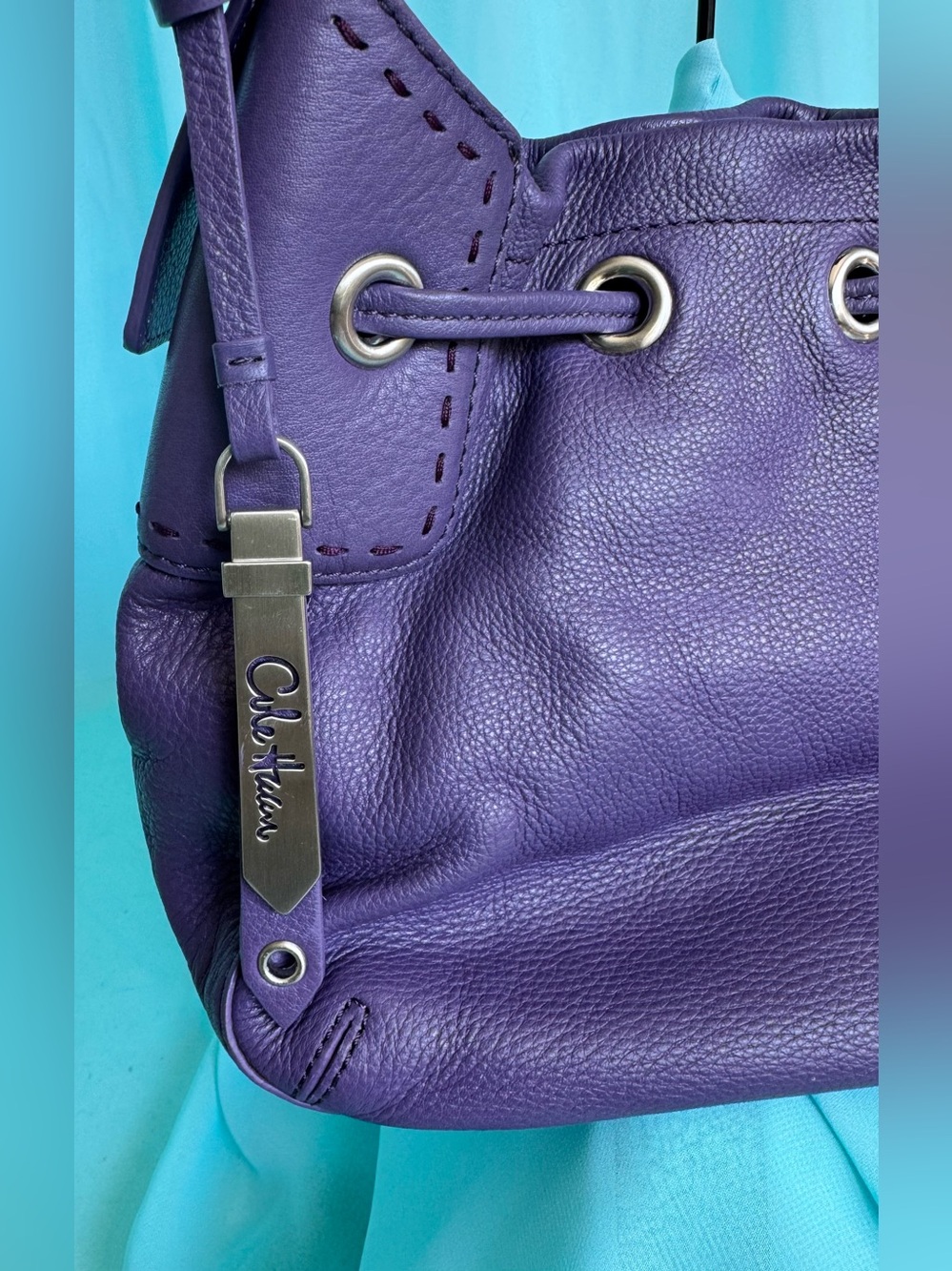 Cole Haan Purple Leather Drawstring Shoulder Bag - Picture 3 of 5